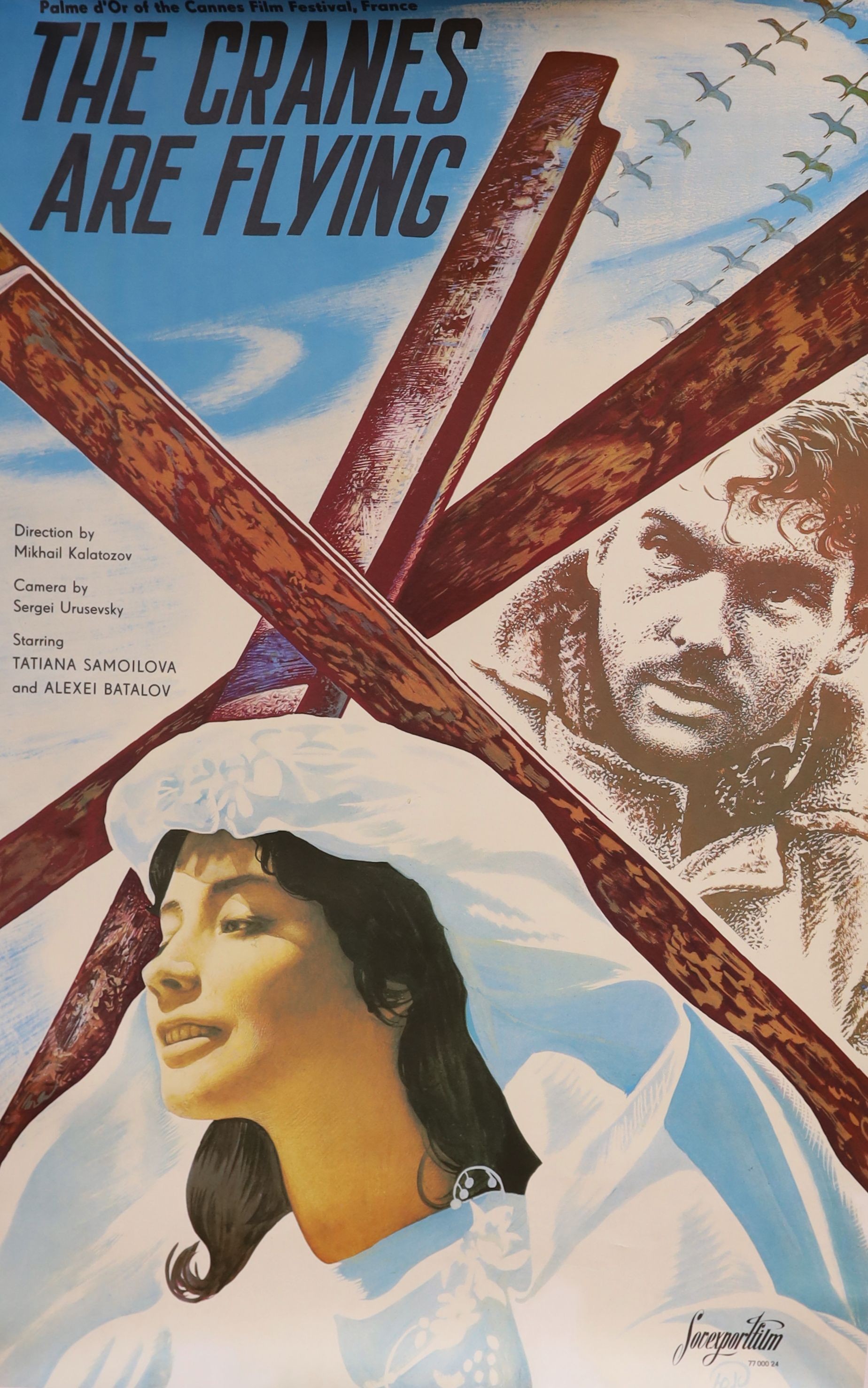 A Cannes Film Festival film poster on canvas backing:, “ The Cranes Are Flying”.